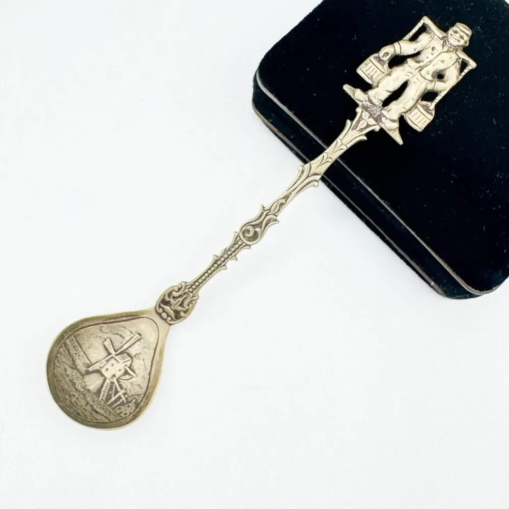 Vintage Dutch Souvenir Spoon Man Carrying Buckets Embossed Windmill Holland Bowl